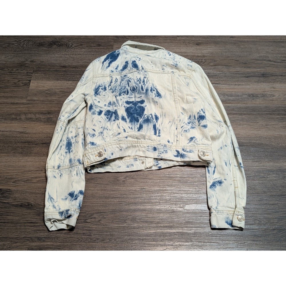 Free People XS Blue White Tie Dye Cropped Denim Trucker Jacket Acid Wash‎ Boho - Picture 5 of 5